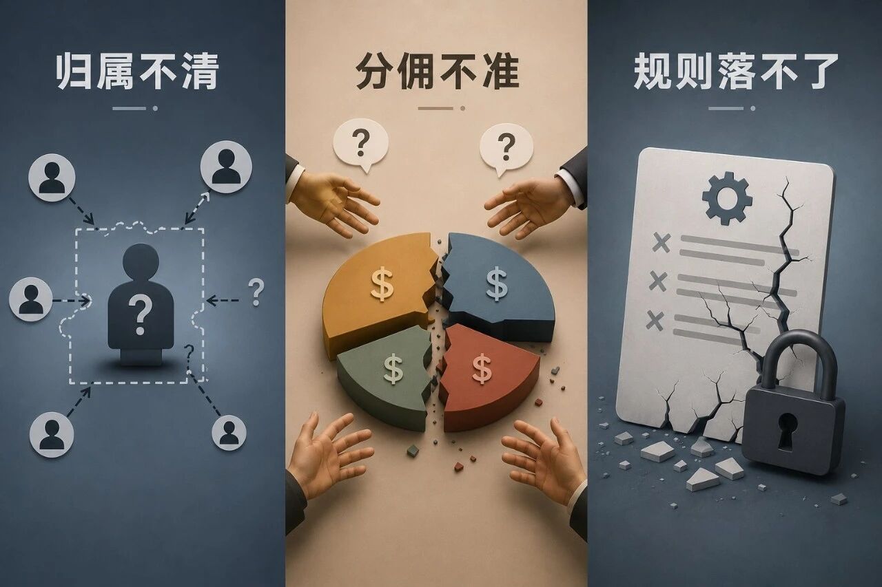 三大痛点：归属不清、分佣不准、规则落不了地